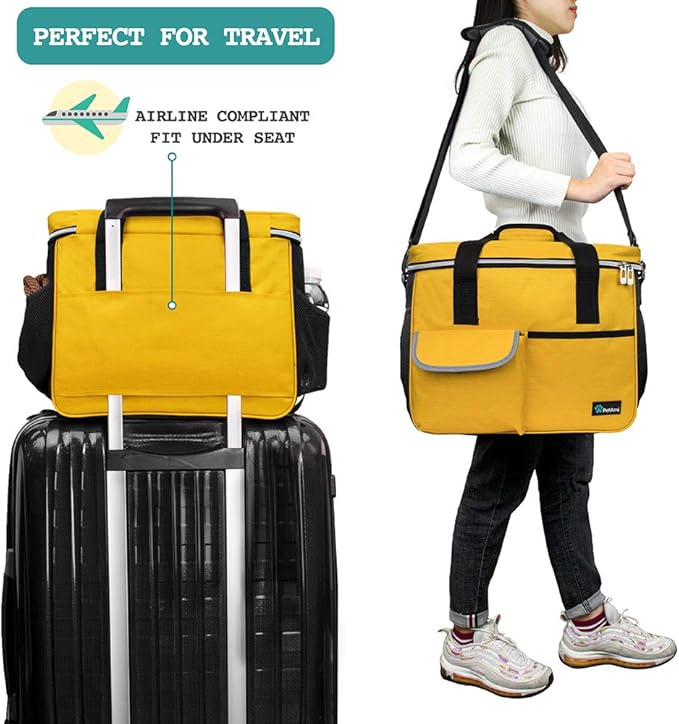 PetAmi Dog Travel Bag, Travel Pet Bag Organizer, Dog Food Travel Bag with Container Collapsible Bowls, Pet Travel Supplies Gift Accessories for Weekend Camping, Puppy Cat Diaper Bag, Yellow Medium
