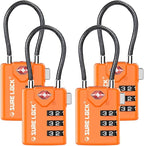 SURE LOCK TSA Approved Combination Luggage Locks with Open Alert Indicator – Durable Zinc Alloy Cable Travel Locks with Large Easy-Read Dials for Suitcases, Backpacks & Gym Bags Orange 4 Pack