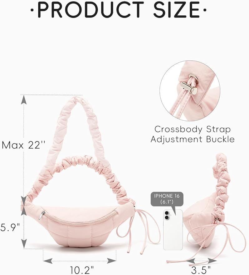 WESTBRONCO Puffer Fanny Packs for Women Small Crossbody Sling Bag, Nylon Quilted Belt Bag for Travel Hiking Running Waist Bag with Adjustable Strap