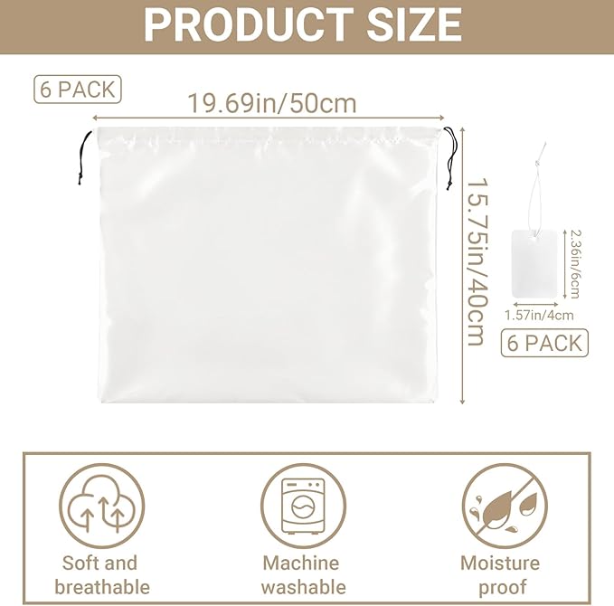 Q&J Fabric Co. 6 Pack Satin Dust Bags for Purses and Handbags - Purse Storage Organizer with Drawstring, Dustproof Travel Storage Pouches for Handbags, Shoes, Boots & Clothes (15.7"x19.7", White)
