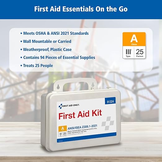 First Aid Only 91324 ANSI A 2021 and OSHA Compliant First Aid Kit, 25-Person Emergency First Aid Kit for Business, Home, Car, and Worksites, 94 Pieces