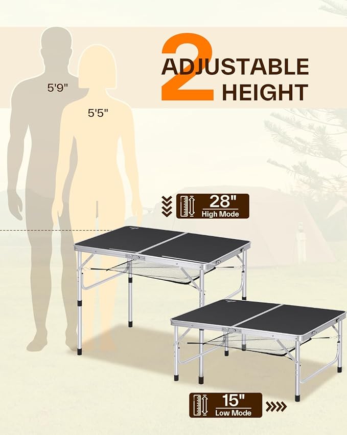 Sportneer Folding Table: Adjustable Height Camping Essentials 35.4" L x 23.6" W 2 Height with Mesh Layer - Compact & Portable Small Folding Table for Outdoor Camp Garden Picnic BBQ Dining Cooking