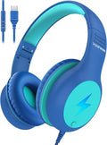 Voopwink Kids Headphones Wired with Microphone, USB Type C Headphones for Kids Girls Boys with Cord/LED Lights/85/94dB Volume Limit, Portable Over Ear Headphones for School/Travel/Tablet/iPad