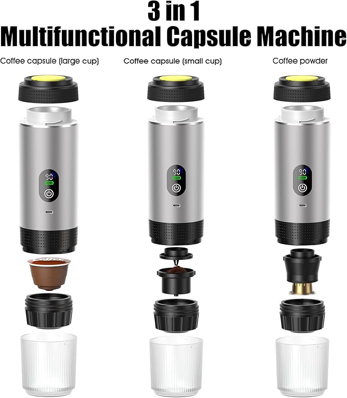 6-in-1 Portable Electric Espresso Machine–20Bar Self‑Heating camping coffee maker with 7500mA Battery,Display,compatible with Large/Small Capsules&Coffee Powder for Travel,Camping,Car&Office