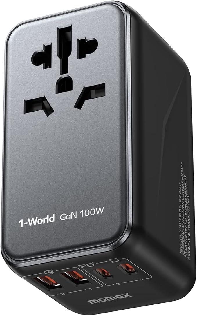MOMAX 100W Universal Travel Adapter, 5-in-1 GaN International Power Adapter for Laptop, Phone, 2 USB-C PD & 2 USB-A QC Wall Charger, European Travel Plug Adapter for UK/US/AUS/JP, Travel Essentials