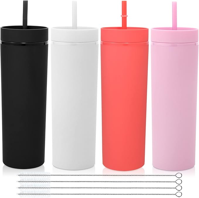 Volhoply 20oz Plastic Skinny Tumblers Bulk 4 Pack,Double Wall Tumbler with Lid and Straw,Reusable Travel Iced Coffee Mug,BPA Free Matte Acrylic Water Cups with Straw for Party,DIY Gifts(Mix, 4 Set)