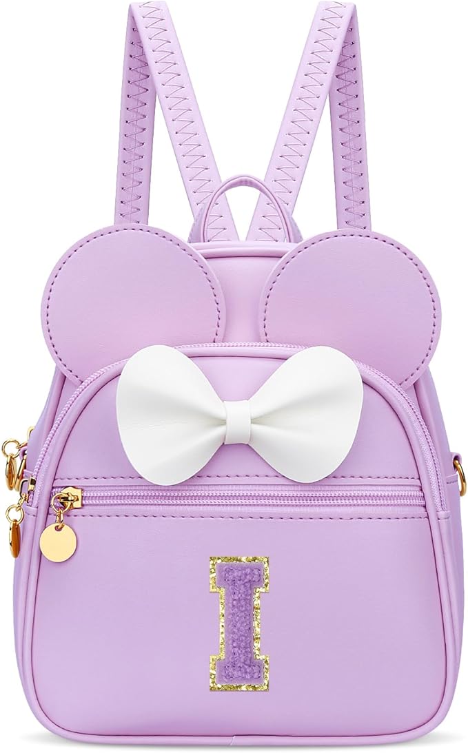 KKXIU Girls Initial Bowknot Cute Mini Backpack for Toddler, Travel Small Girl Backpacks, Personalized Birthday Gifts for Little Girls and Kids(I, Purple)