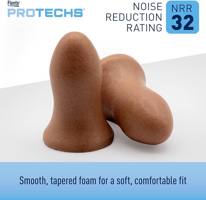 Flents Protechs Foam Ear Plugs, Contoured for Comfort, Ideal for Work with Loud Noise, Heavy Machinery, Construction, Studying & Traveling, NRR 32, Beige, Easy to Use, 100 Pair