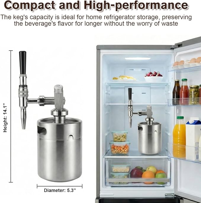 Nitro Cold Brew Coffee Maker, 64oz SS Mini Keg Cold Brew Maker, Nitro Coffee Machine System with Pressure Relief Valve & Stout Creamer Faucet Nitro Keg Coffee Growler Gift for Coffee Lovers