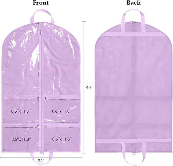 KEEGH Clear Garment Bags for Dance Costumes 40 inch Dance Garment Bags for Dancers Hanging Clothes for Closet Storage, with 4 Zipper Pockets for Competitions, Ballet, Theatre, 6 Pack, Purple