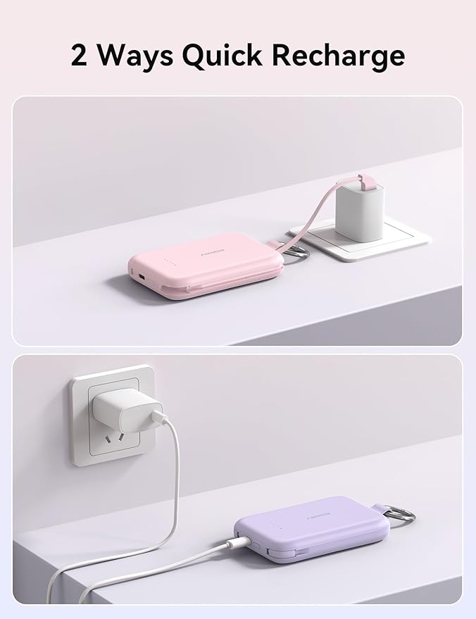 RORRY CharmGo Portable Charger, 10000mAh PD 30W Fast Charging Portable Charger Power Bank with Built-in Cables, Travel Keychain Charger Battery Pack for iPhone 17/16/15, for AirPods 2/3/4/Pro, Pink