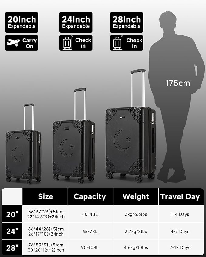 Somago Expandable Carry On luggage with Shock-Absorbing Braking Spinner Wheels Moon Star Design Hard Shell Suitcase with Cupholder TSA Lock (Black,Expandable 20 Inch)