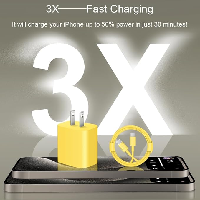 iPhone 17 16 15 Charger Fast Charging 3+3Pack 20W USB C Wall Charger with 10FT Fast Charging Cable Compatible with iPhone 17/17 Air/17 Pro/17 Pro Max/iPhone 16/15 Series, iPad Pro/AirPods -Yellow