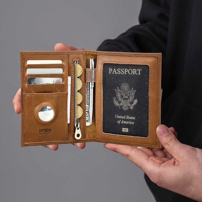 CONTACTS Full Grain Leather Passport Holder RFID Blocking Travel Passport Wallet Compatible with Airtag Passport Cover Case with 4 Cards Slots, Coin Pocket (Brown)