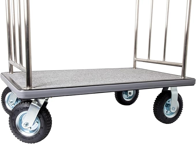 Stainless Steel Luggage Cart – 800lb Capacity – Bellman Cart w/ 6” Air Filled Tires & Gray Carpet, for Hotel, Resorts, Condos, Commercial Use (Value Valet Series)