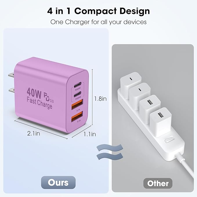 USB C Charger Block, 2 Pack 40W 4-Port iPhone Charger Fast Charging Multiport PD 3.0 & QC 4.0 Double Quick Charge, Compatible with iPhone 17/16/15/14/13/12/11，Pro Max，iPad, Samsung (2, Purple)