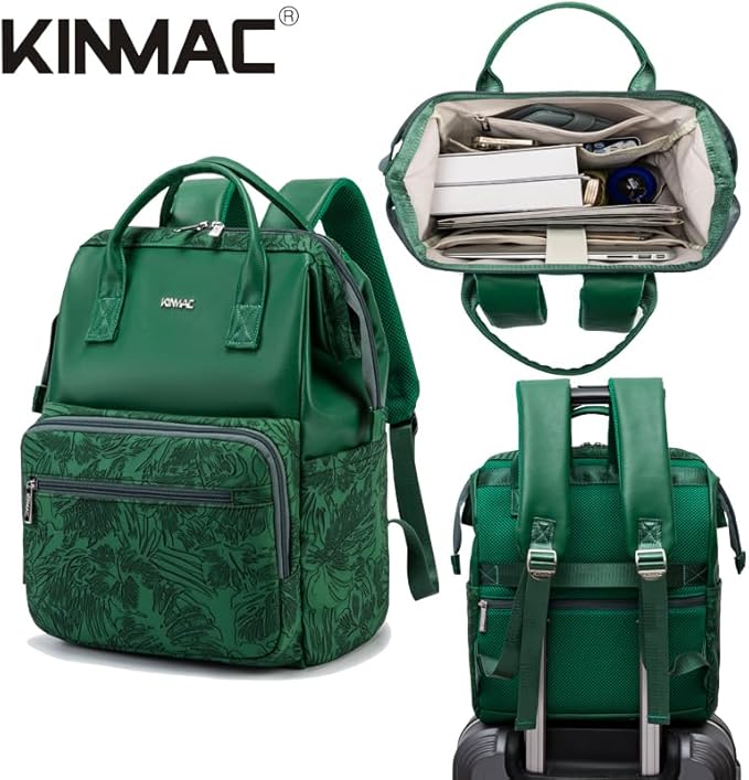 Kinmac Wide Open Style Laptop Backpack for Laptop Up to 15.6 Inch Men Women Travel Outdoor Backpack (Green Leaves PU)