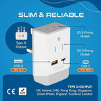 Ceptics UK Ireland Hong Kong Plug Adapter, International Power Plug with USB & USB-C - 2 USA Socket, QC 3.0 & PD - Type G Outlet Adapter for USA to British England Scotland London - Fast Charging