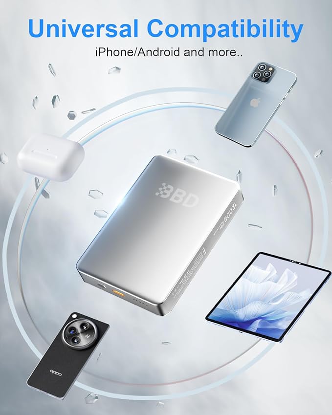 BBD Magnetic Power Bank for iPhone,12000mAh Magsafe Battery Pack with 20w Fast Charging,Slim Magsafe Power Bank USB C in&Out,Wireless Portable Charger for iPhone 17/16/15/14/13/12 Series-Silver