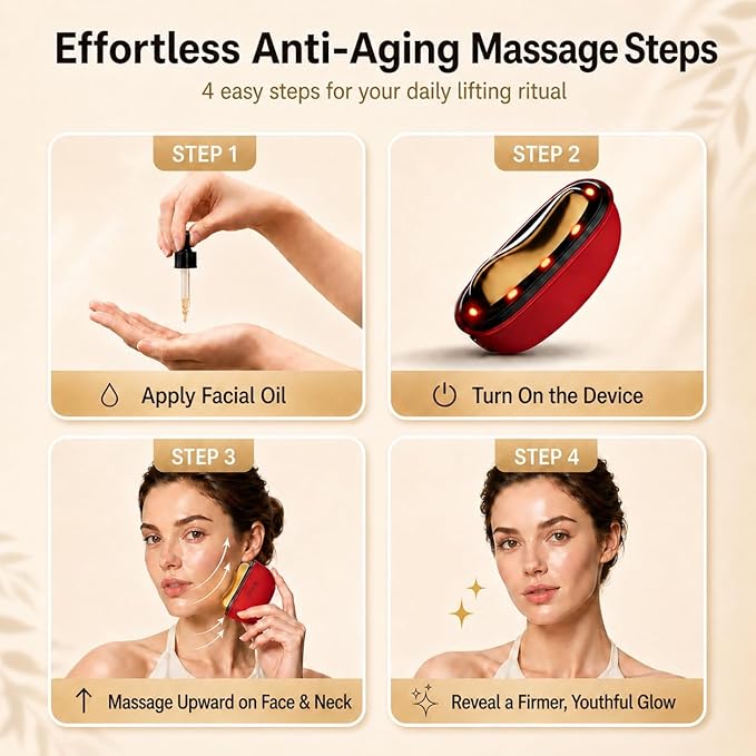 ZDEER GS5 Electric Heated Gua Sha Facial Sculpting Tool with Vibration, LED Red Light Therapy Face & Neck Massager, Skin Firming Device, Premium Gift for Women Mom, Includes 2 × 10ml Massage Oil, Red