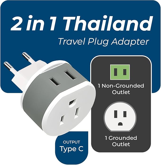 OREI Thailand Power Plug Adapter with 2 USA Inputs - Travel 3 Pack - 2 x Type O, 1 x Type C (US-18) Safe Grounded Use with Cell Phones, Laptop, Camera Chargers, CPAP, and More