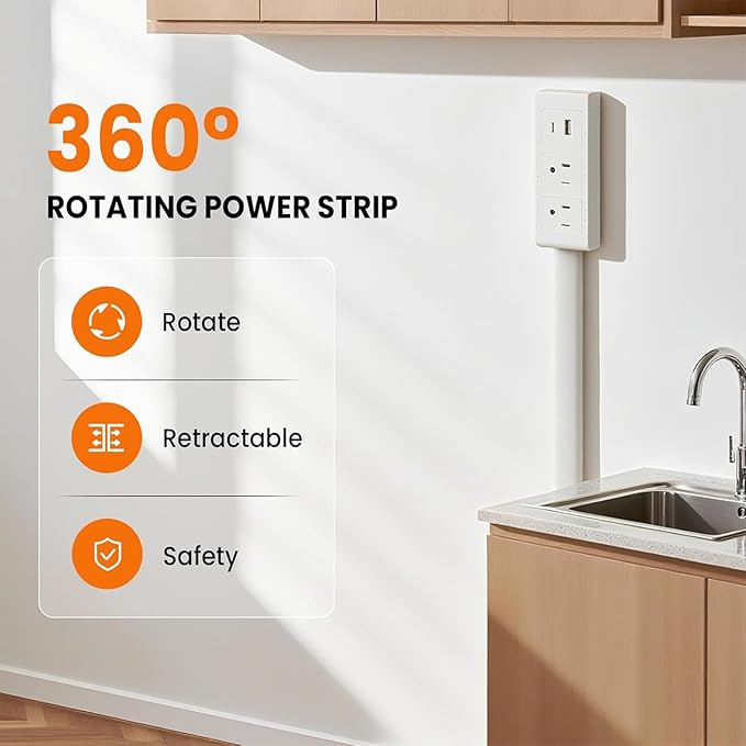 Electrical Outlet Extender Features USB-A,USB-C,2 AC Outlets,Wall Power Socket Expander Stick,Extendable Rotating Electric Outlet Plug Adapter Nightstands, Sofa,Desks and More Hard to Reach Spaces