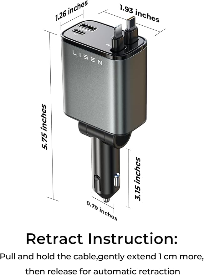 LISEN Retractable Car Charger, Gifts for Men Women, 84W Car Adapter USB C Fast Charger for iPhone, Travel Essentials Car Accessories for Men Women Gifts for iPhone 17 16 15 14 13 12 11 X Samsung S26