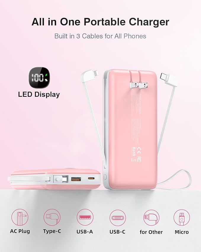 penaover Portable Charger with Built-in Cables&AC Wall Plug,5 Output 2 Input 20000mAh Power Bank,22.5W Fast Charging Battery Pack with LED Display,Compatible with iPhones,Android, Samsung etc,Pink