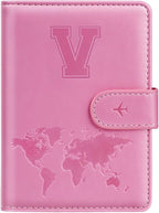 Passport Holder Cover Initail Letter A-Z Travel Wallet 3D Embossed Design RFID Blocking Card Holder Personalized Gift Passport Cover Wallet, Passport Book Holders for Women and Girls, Pink-V