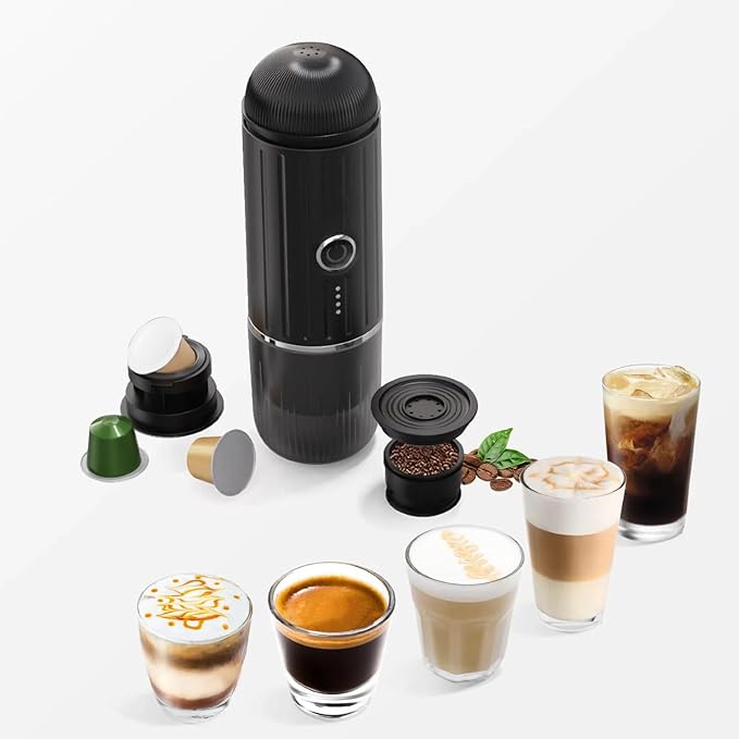 Portable Espresso Machine with 3-4 Min Self-heating, 12V Rechargeable Electric Coffee Machine 19 Bar Compatible with NS Capsules and Ground Coffee for Car Camping Travelling