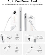 VEEKTOMX Portable Charger with Built in Cables 10000mAh, Power Bank for iPhone with Wall Plug, Travel Essential Fast Charging Slim USB C External Battery Pack for iPhone 17/16/15, Samsung, iPad, etc
