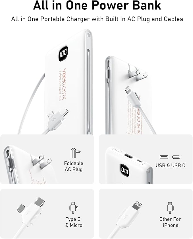 VEEKTOMX Portable Charger with Built in Cables 10000mAh, Power Bank for iPhone with Wall Plug, Travel Essential Fast Charging Slim USB C External Battery Pack for iPhone 17/16/15, Samsung, iPad, etc