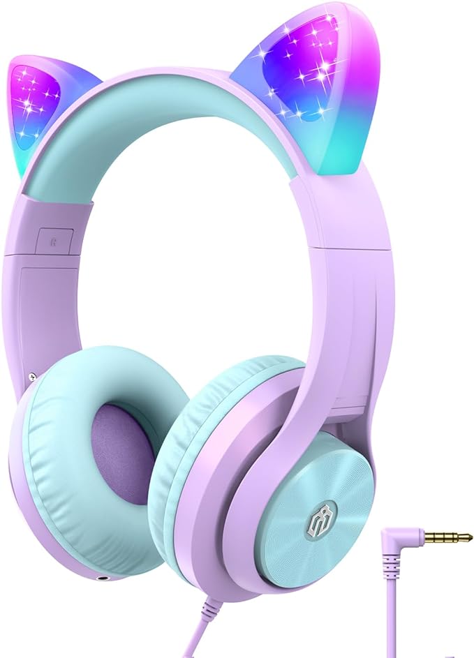 iClever Cat Ear Led Light Up Kids Headphones with Microphone, HS20 Wired Headphones -Shareport- 94dB Volume Limited, Foldable Over-Ear Headphones for Kids/School/iPad/Tablet/Travel (Medium, Purple)