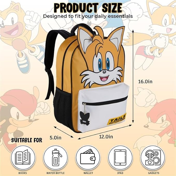 AI ACCESSORY INNOVATIONS Sonic The Hedgehog Backpack for Boys & Girls, Tails Big Face 16 Inch Schoolbag with Tails Rubber Molded Dangle, Yellow
