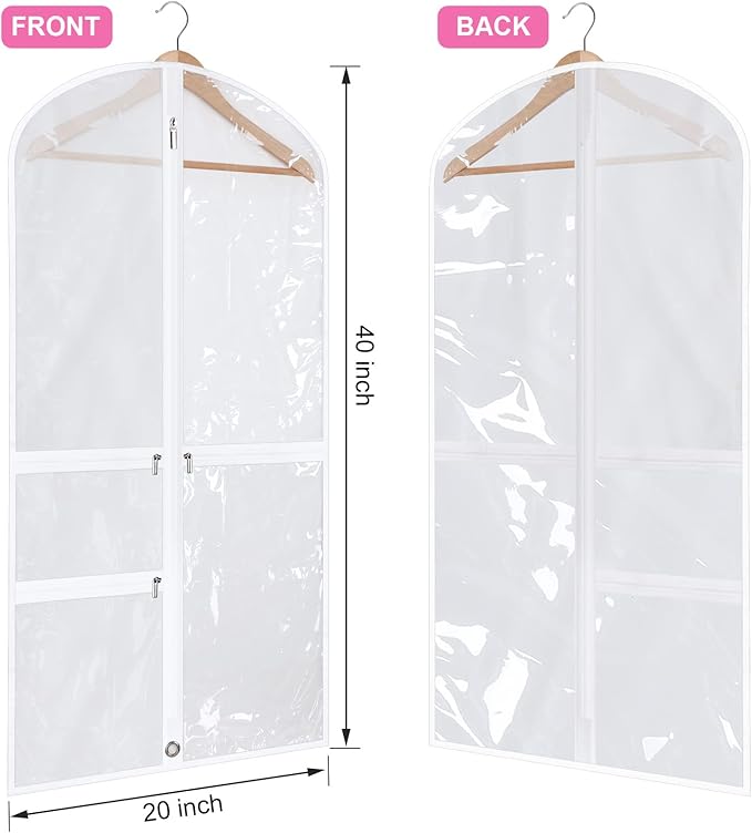 Woanger 6 Pcs Garment Bags for Dance Costumes Clear PVC with Zippers Garment Bag with Pockets Dance Costume Organizer Carrier for Storage Cover for Adult(White,20'' X 40'')