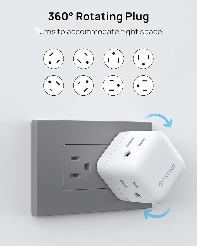 TROND Multi Wall Outlet Extender - Sideways Plug Adapter with 3 Electrical Sockets, 360 Rotating Plug to Turn the Horizontal to Vertical Outlet for Plugging Air Freshener, Cat Calming, Night Light