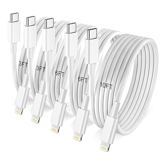5Pack(3/3/6/6/10FT) USB C to Lightning Cable [Apple MFi Certified] iPhone Fast Charger Power Delivery Type C Charging Cord Compatible with iPhone 14 13 12 11 Pro Max X XS XR 8 7 6s Plus SE iPad,White