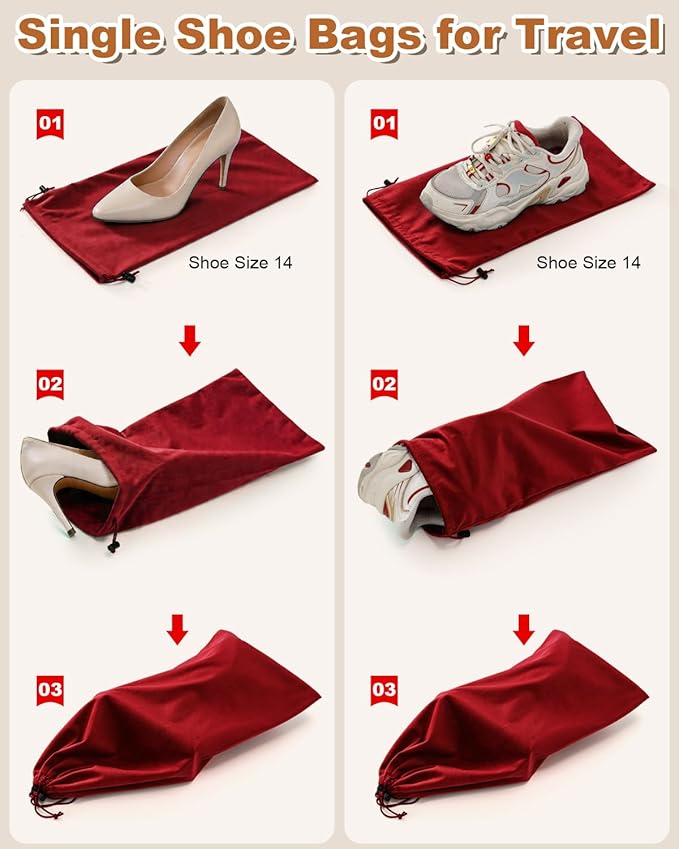 6 Pcs Single Shoe Bags for Travel, 17.3"x8.6" Washable Travel Shoe Bags for Packing in Suitcase, Velvet Dust Bag with Drawstring, Shoe Pouch for Women and Men, Travel and Home Storage (Rio Red)