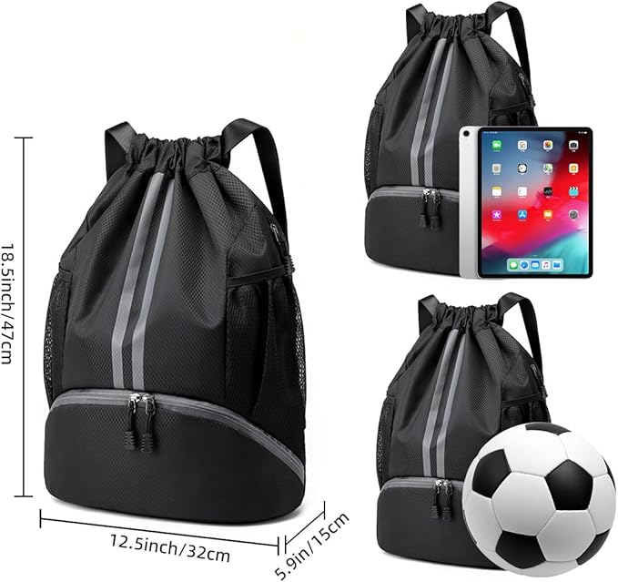 Valleycomfy Sports Drawstring Backpack - Water Resistant String Bag with Side Mesh Pockets Shoe Compartment Gym Backpack for Women & Men Black