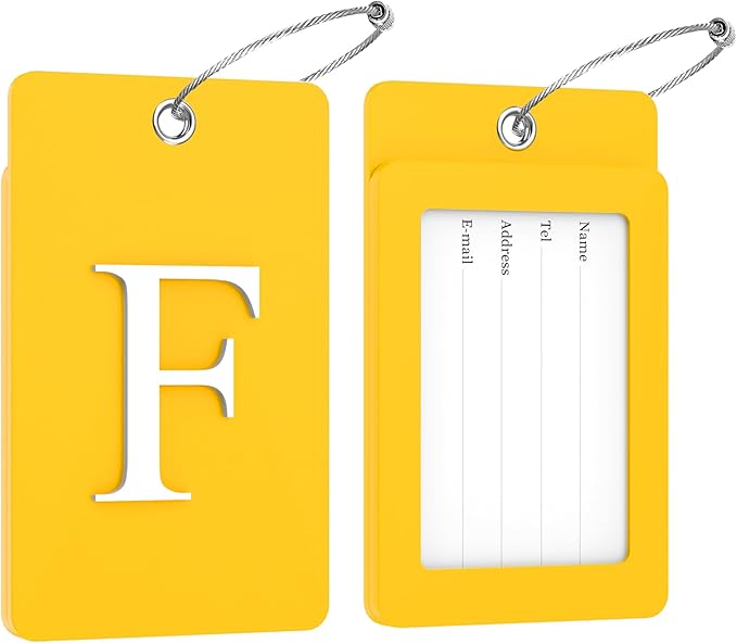 Gostwo 2 Pack Luggage Tags for Suitcases, 26 Initial Letter Travel Luggage Baggage Identification Labels ID Tag Fully Bendable Tags with Stainless Steel Loop (Yellow) (Letter F)