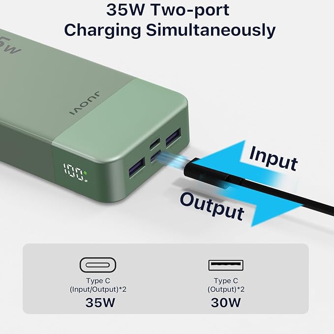 JUOVI J2651 Portable Charger, 35W 20000mAh USB C in & Out Power Bank, Battery Pack with QC4.0+PD3.0 35W High-Speed Charging for Bluetooth Earbud, Mobile Phone, Tablet (Green)