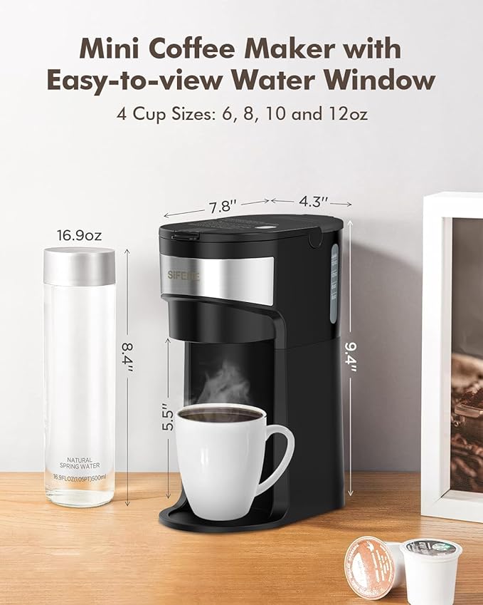 SIFENE Mini Coffee Maker Single Serve, One Cup for K Pod & Ground Coffee, 6 to 12 Oz Brew Sizes, Capsule Coffee Machine with Water Window and Descaling Reminder, Black