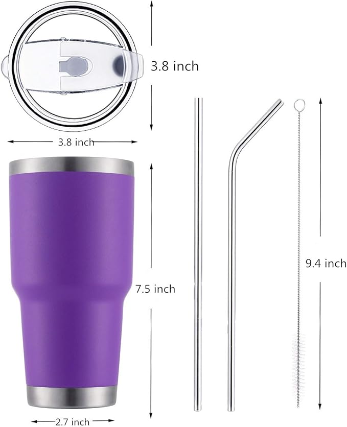 D·S 30oz Purple Tumbler Stainless Steel Double Wall Vacuum Insulated Mug with Straw and Lid, Cleaning Brush for Cold and Hot Beverages (30oz Purple)…