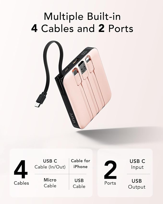 VRURC Portable Charger for iPhone Built-in Cables, 22.5W USB C Fast Charging 10000mAh Pocket Power Bank, Battery Pack for iPhone 17 16 & Samsung Galaxy S26 S25 etc Android, Pink(1 Pack)