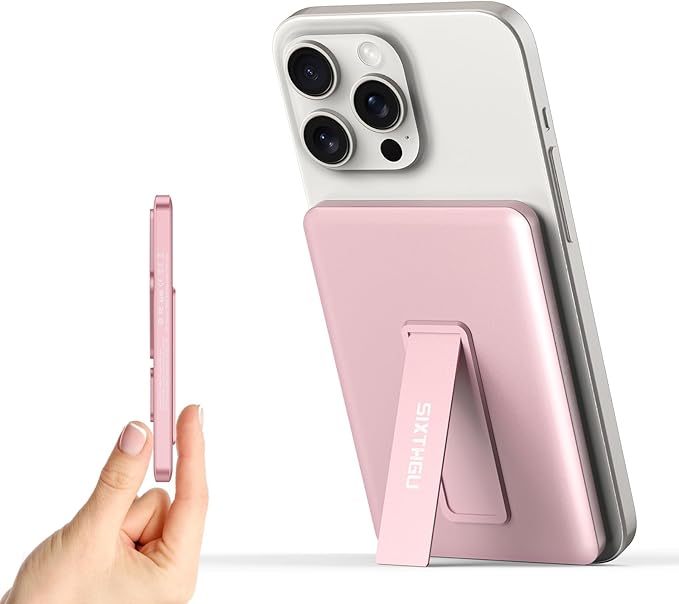 SIXTHGU Magnetic Slim Portable Charger with Stand, 5000mAh Wireless Power Bank, S05 PD 22.5W Fast Charging USB-C Battery Pack, PowerMag, Compatible with iPhone 17/16/15/14/13/12 Series, Pink