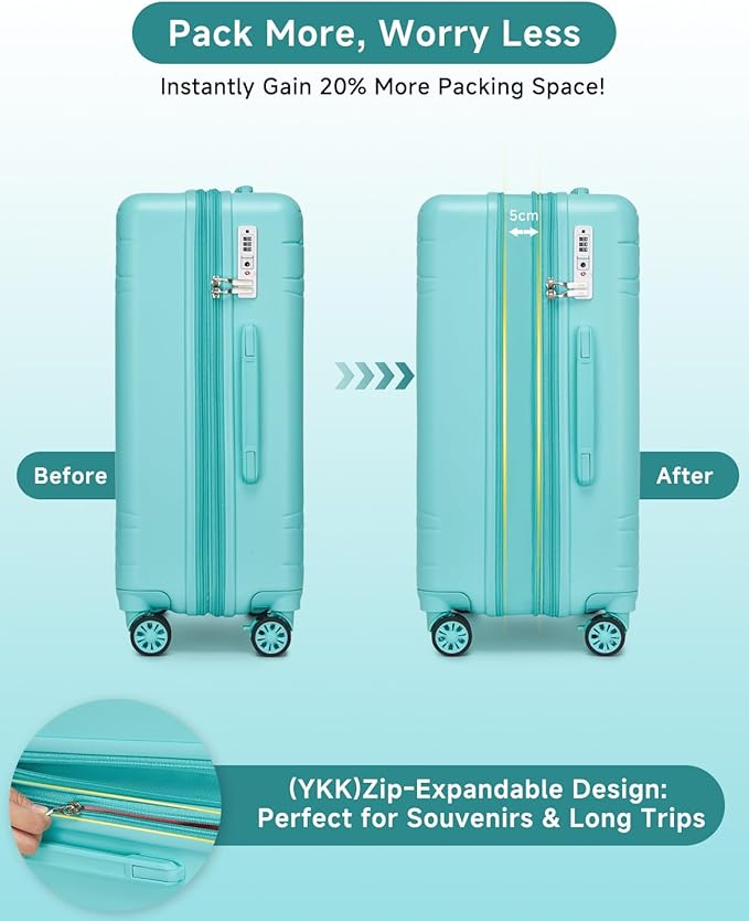 Somago Expandable Carry On luggage with Shock-Absorbing Braking Spinner Wheels Moon Star Design Hard Shell Suitcase with Cupholder TSA Lock (Robin Egg Blue,Expandable 20 Inch)