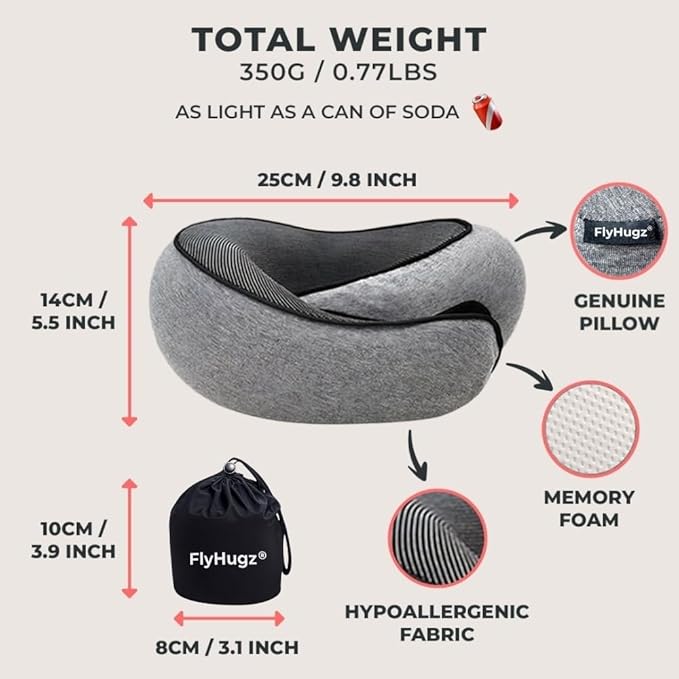 FlyHugz® Neck Travel Pillow Memory Foam Neck Pillow for Comfort on Airplane Compact and Ergonomic Design for Travel, Car Rides, and Home Use Ideal for Adults and Kids.