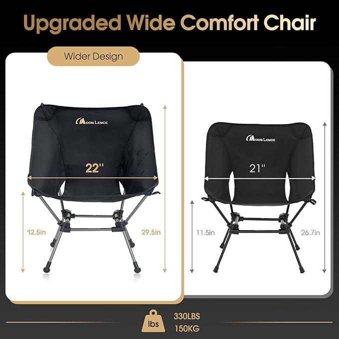 MOON LENCE High Back Folding Camping Chairs, Height-Adjustable, Widened Seat, for Beach with Anti-Sinking Feet (Onyx-Plus)