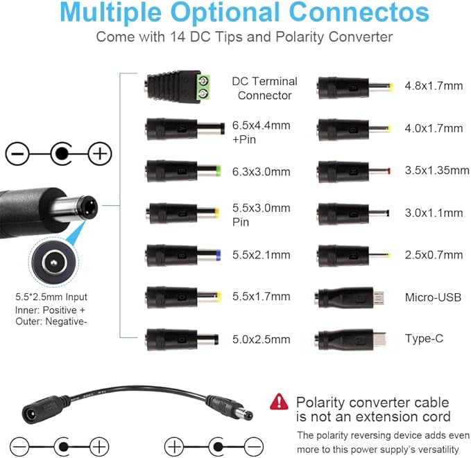 Universal Power Supply 3V~24V 6A 144W Adjustable Variable 3V 5V 9V 12V 18V 20V 24V AC/DC Adapter Charger, 100V-240V AC to DC Converter with 14 Tips, Polarity Converter and 4-Way Power Splitter Cable