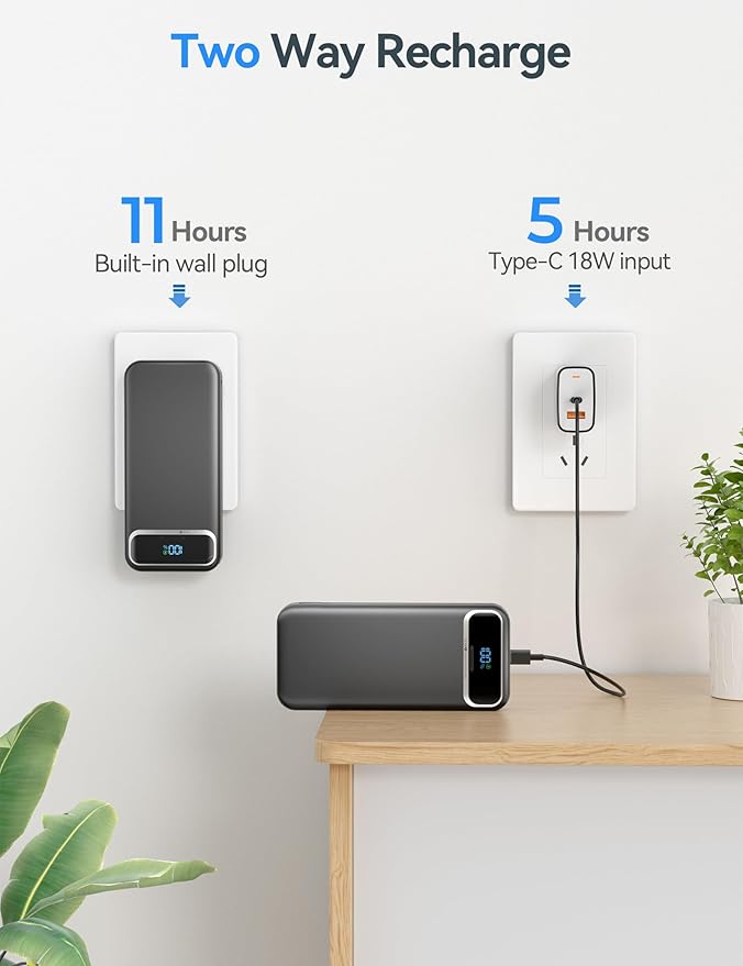 20000mAh Lightweight-Portable-Charger-Power-Bank with Built-in Cables and AC Wall Plug, PD20W USB-C Fast Charging Battery Pack, LED Display External Travel Phone Charger for All iPhone,Samsung,Android